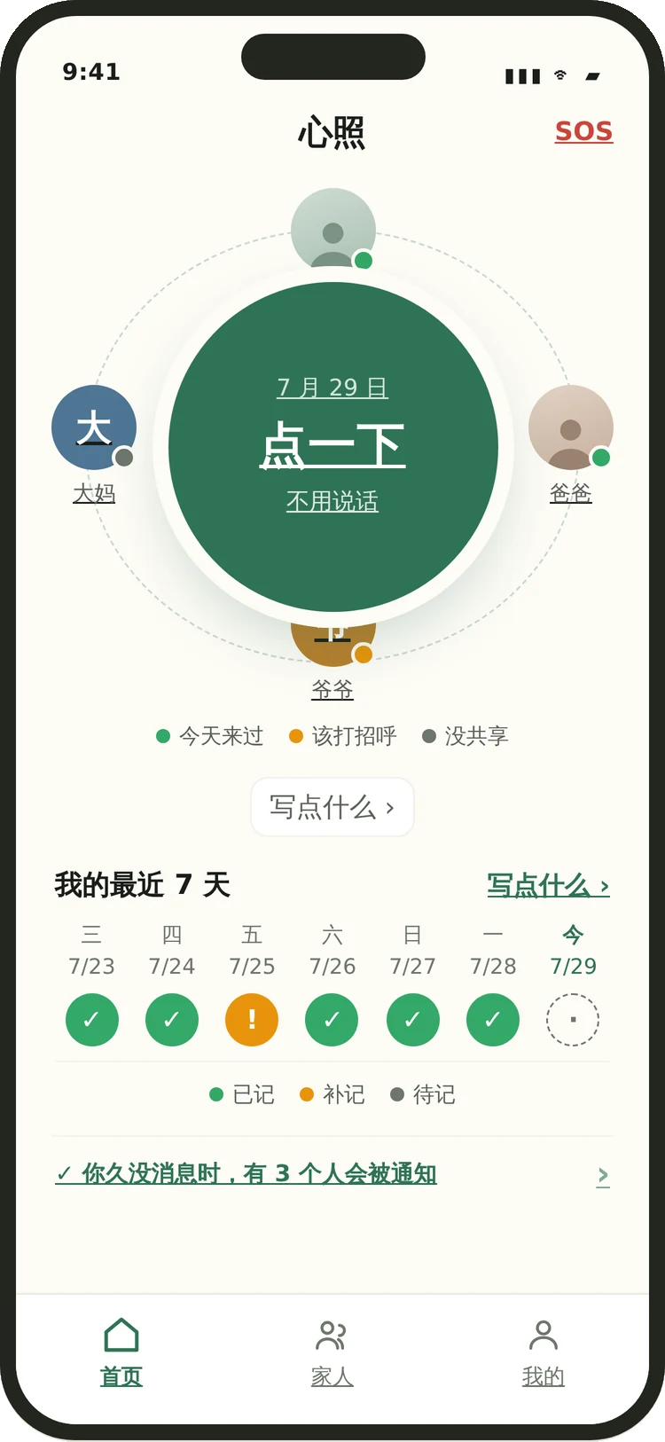 心照 App 首页,中间是点一下圆圈,周围显示家人状态
